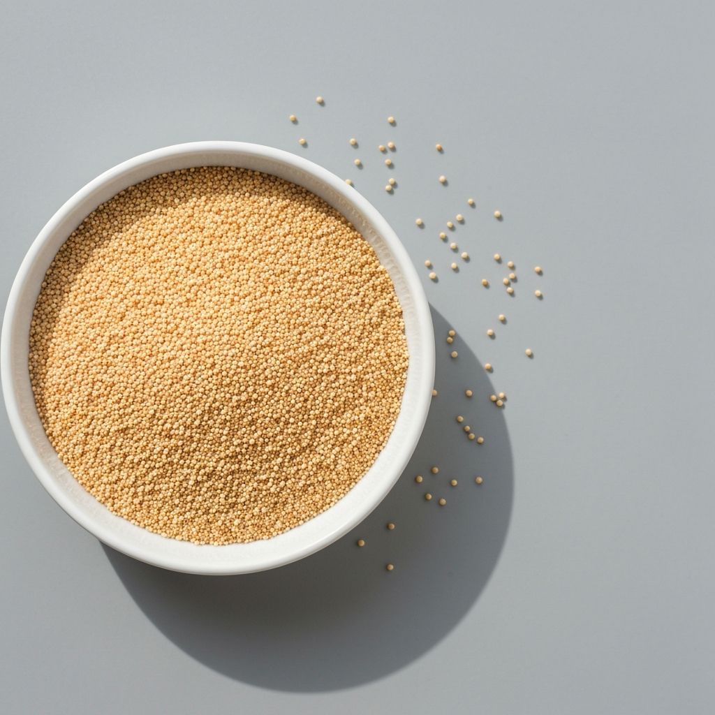 Amaranth seeds in a minimalist white dish on gray background