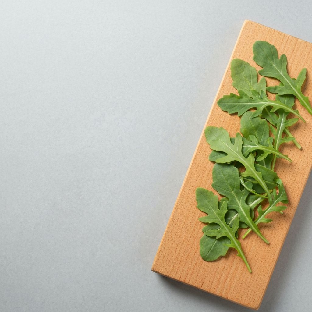 Fresh arugula leaves on wooden board with minimalist styling