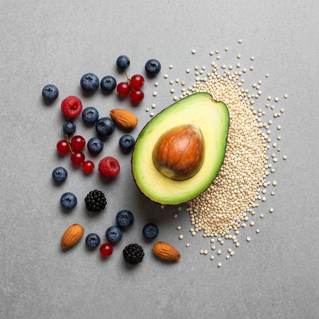 Minimalist arrangement of healthy food products including avocado, grains, berries, and nuts