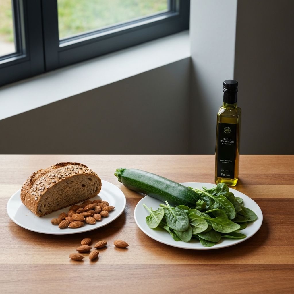 Flat-lay showing balanced meal components including whole grain bread, vegetables, nuts, and olive oil on wooden surface