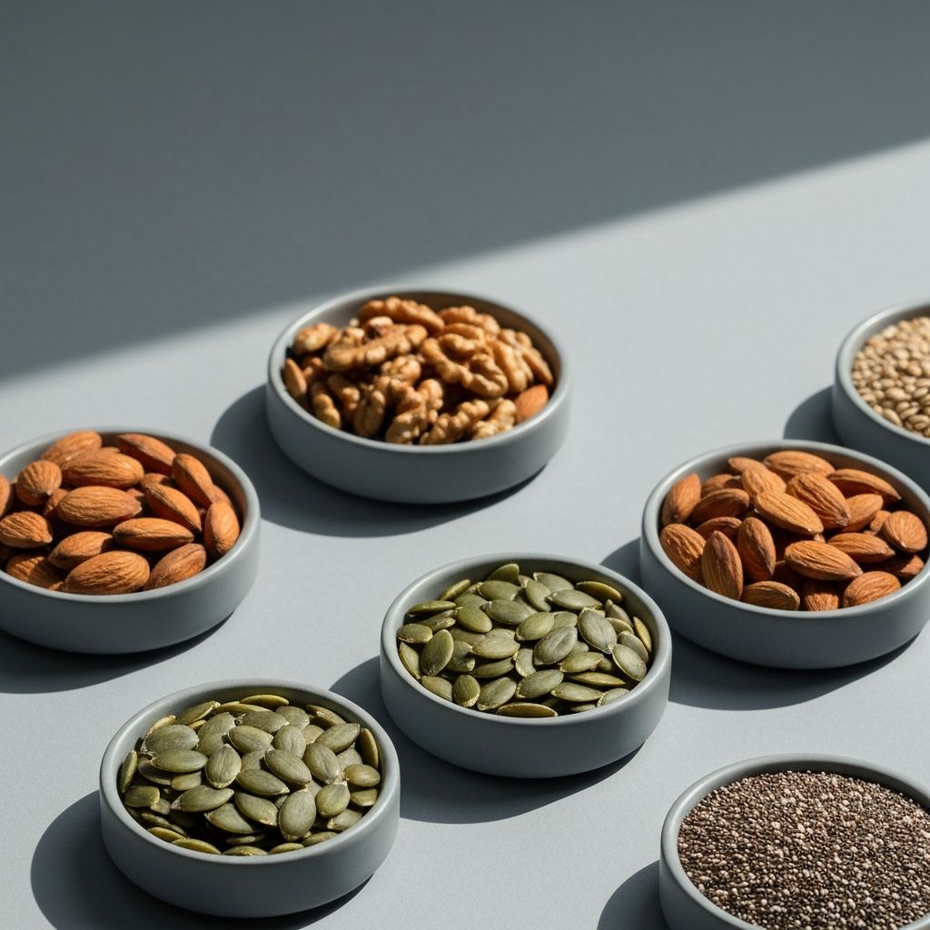 Mixed nuts and seeds in separate bowls including almonds, walnuts, pumpkin seeds, and chia seeds on gray background